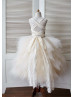 Champagne Lace Ruffle Tulle Tea Length Flower Girl Dress